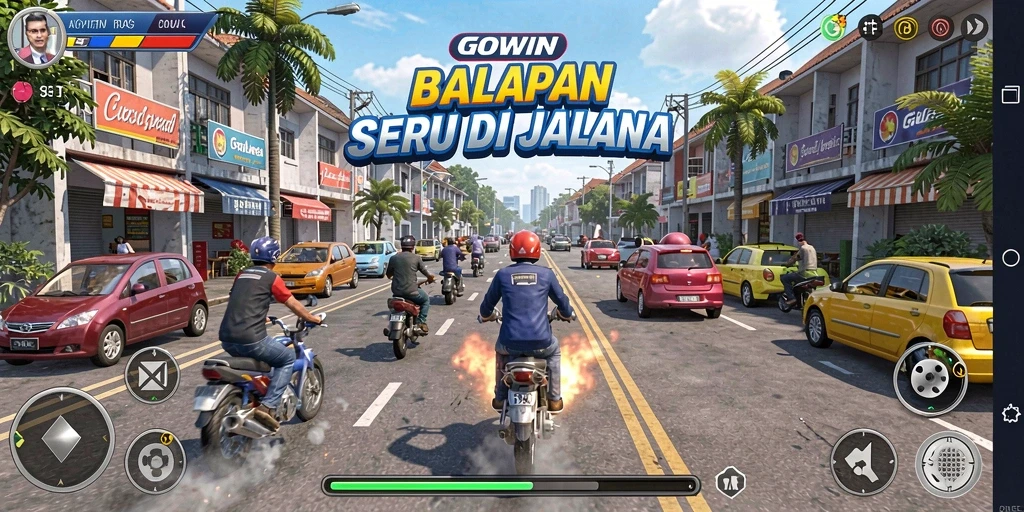 Tampilan gameplay GOWIN dengan mobil melaju kencang di lintasan.