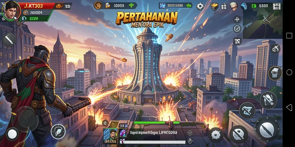 Tampilan menarik dari gameplay JKT303 Tower Defense.