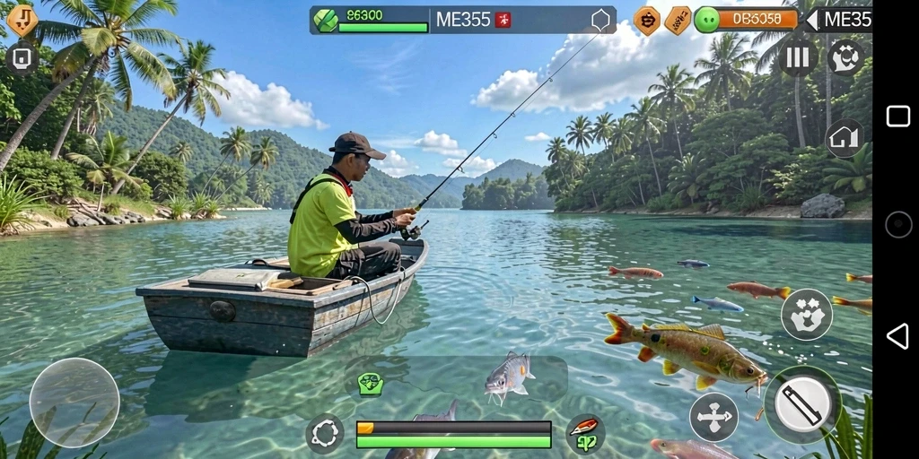 Screenshot gameplay yang menampilkan aktivitas memancing di ME355.