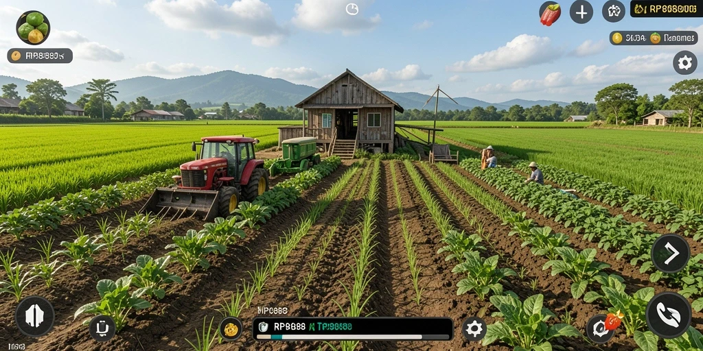 Screenshot gameplay RP8888 menampilkan petani yang bekerja di ladang hijau.