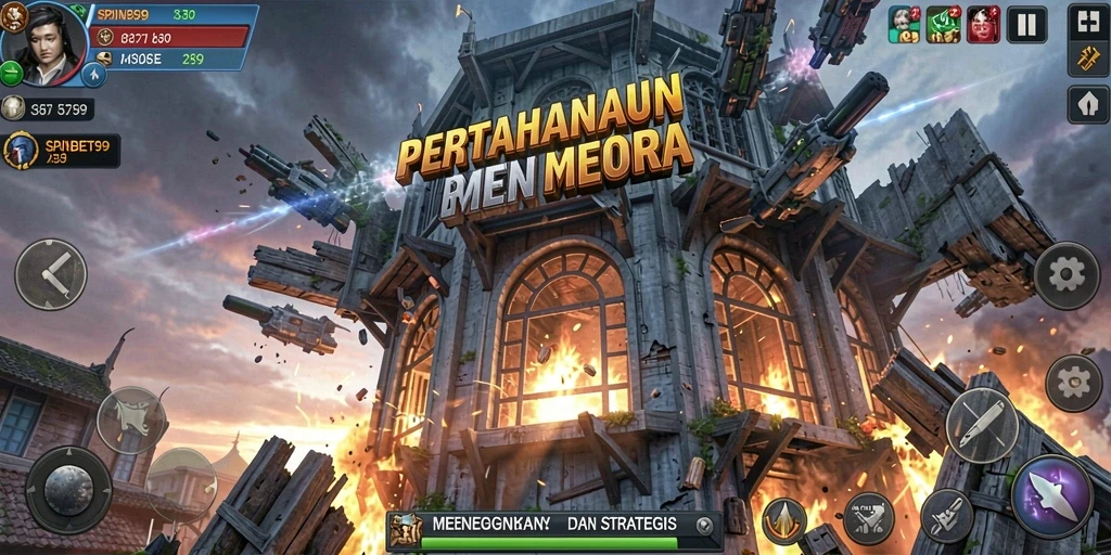 Tampilan gameplay SPINBET99 dengan menara pertahanan melawan gelombang musuh.